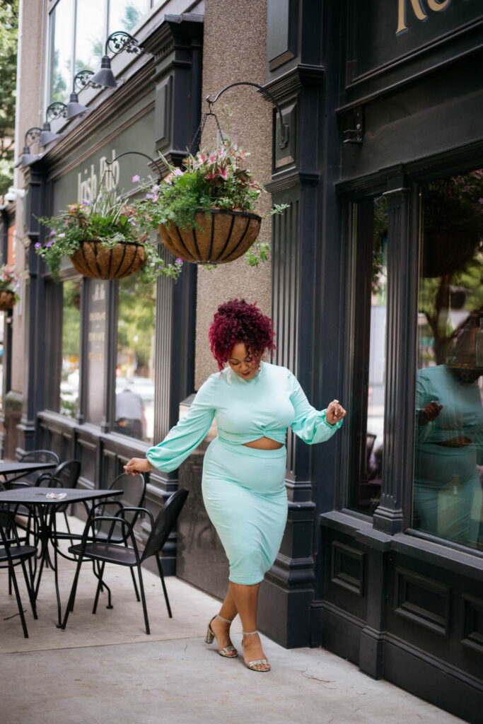 Plus Size Blogger- Marie Denee in Rebdolls Teal two piece set